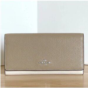 Coach Slim Trifold Wallet Sandy Beige Colorblock Leather Womens CC816